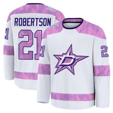 White Men's Jason Robertson Premium Dallas Stars 2024 Hockey Fights Cancer Practice Jersey