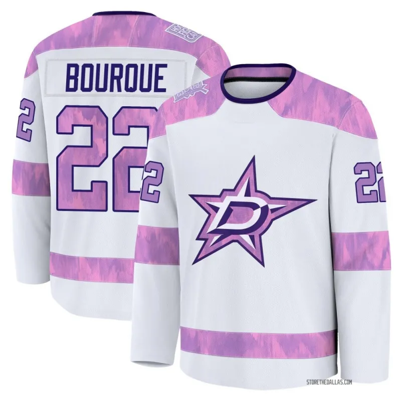 White Youth Mavrik Bourque Premium Dallas Stars 2024 Hockey Fights Cancer Practice Jersey